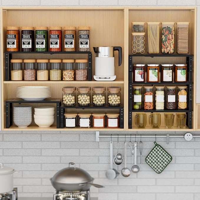 Expandable Spice Rack Kitchen Cabinet Shelf Organizer, Stackable Storage Shelves Racks, Adjustable Counter Shelving for Cabinets, Countertop, Cupboard,Pantry and More.(1Pack/Black/Medium) - Image 3