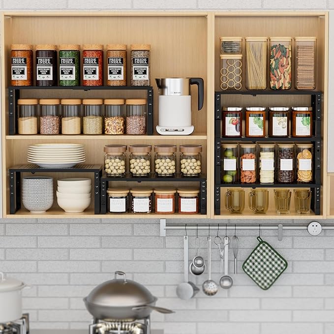 Expandable Spice Rack Kitchen Cabinet Shelf Organizer, Stackable Storage Shelves Racks, Adjustable Counter Shelving for Cabinets, Countertop, Cupboard,Pantry and More(2Packs/Black/Medium) - Image 3