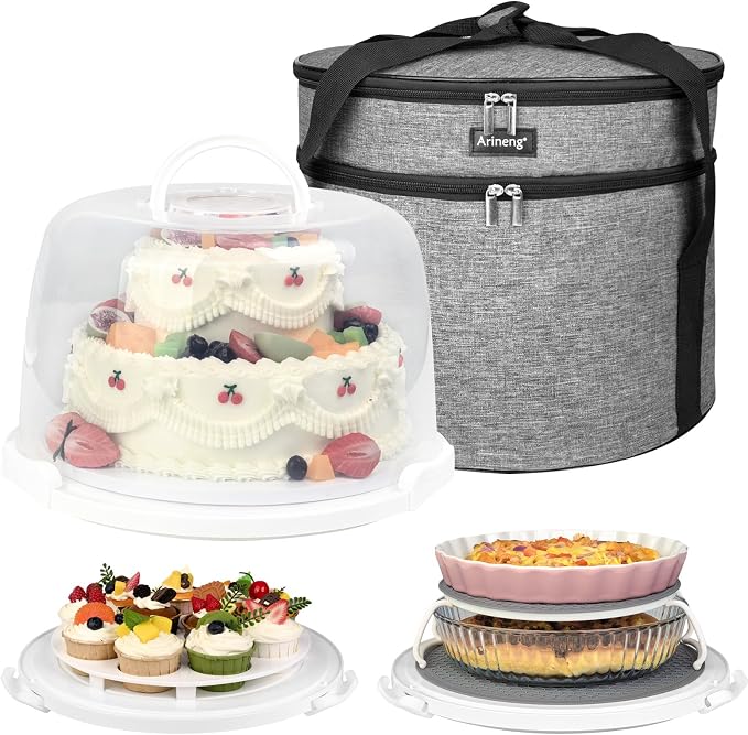 Round Cake Carrier Box with Lid and Handle, Transportation Insulated Bag for Cakes, Cupcakes and Pies, Triple Locking Design for Safe Transportation (Grey, 12 * 12 * 7.9 Inch) by Arineng