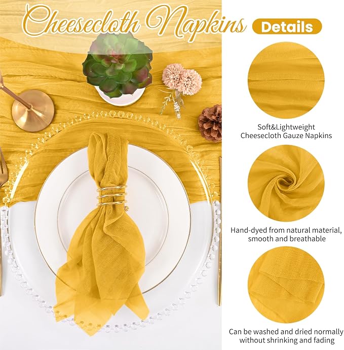 50 Pack Gold Cloth Napkins 20x20Inch Cheesecloth Napkins | Elegant Cloth Napkins for Table, Washable Rustic Boho Gauze Napkins, for Wedding Party Bridal Baby Shower Dinner Decor - Image 3