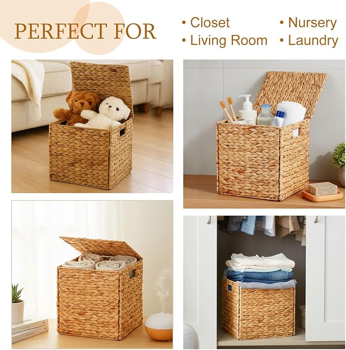 Jinei 6 Pcs Wicker Storage Basket Bulk 10 x 10 x 10 Inch Handwoven Water Hyacinth Cube Bin with Handles Woven Laundry for Organizer Shelves Wood Color - Image 7