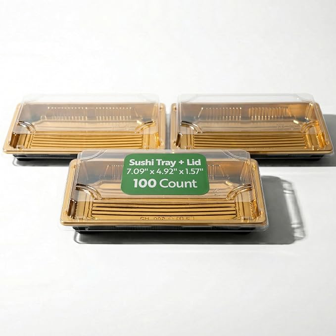 Restaurantware Plastic Sushi Trays 100 Pack of 7 x 4.9 x 1.57 Inch With Clear Lids Leak-Resistant Sushi Take Out Boxes Stackable Containers For Grab-And-Go by Restaurantware