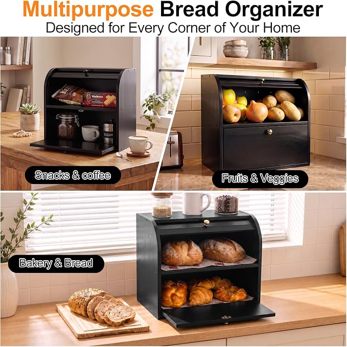Alpeir Roll Top Bread Box with Cutting Board for Kitchen Countertop, Black | Large Breadbox with Ventilation Holes, Double Layer Pantry Shelf, Wooden Homemade Bread Storage Container, Vintage Farmhouse - Image 8