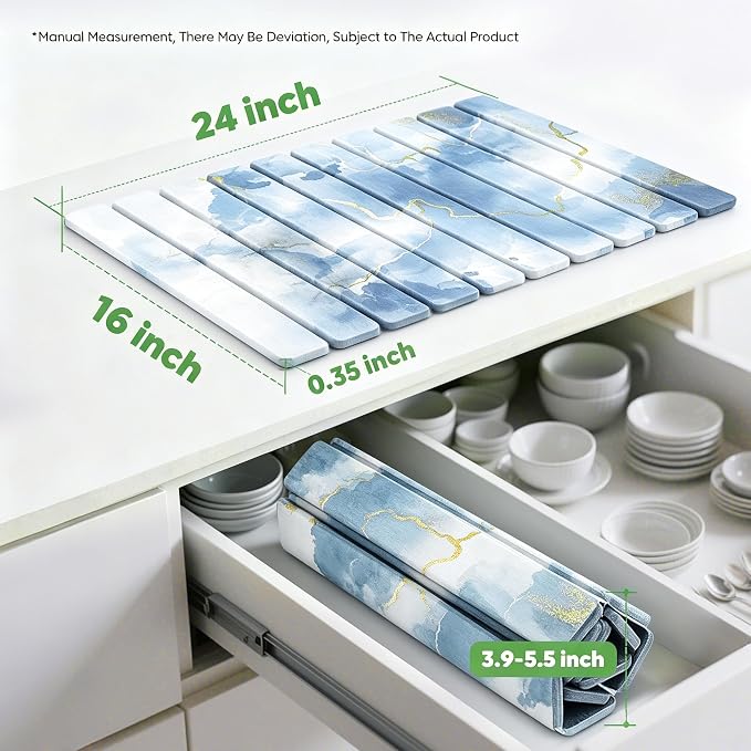 Stone Drying Mat for Kitchen Counter, Quick Diatomaceous Earth Mats for Dishes, 24"L x 16" W Super Absorbent Fast-Drying Collapsible Countertop Stone Mat (Marble White Blue, 24" x 16") - Image 2