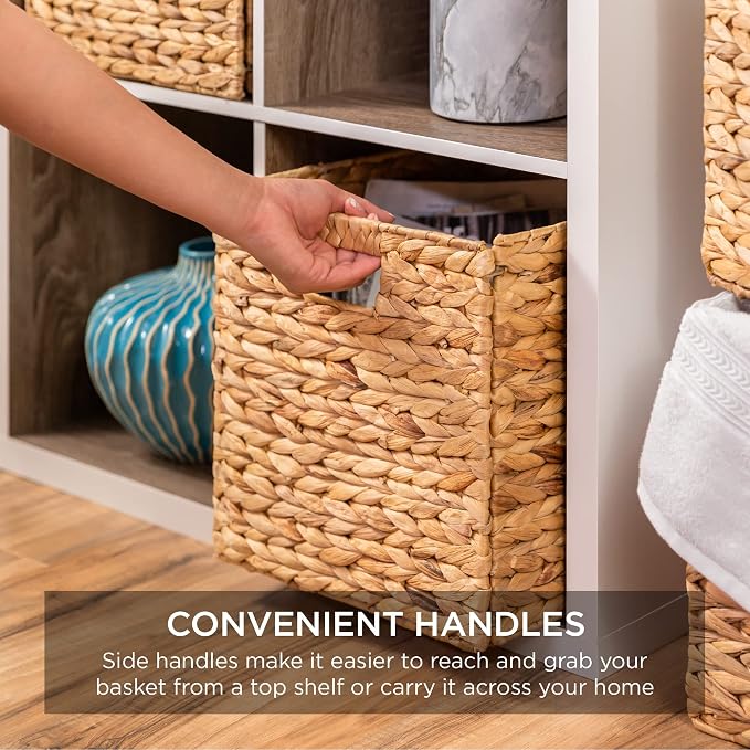 Best Choice Products 10.5x10.5in Pack of 5 Cube Storage Baskets, Water Hyacinth Multipurpose Collapsible Organizers, Handwoven Laundry Totes for Laundry, Living Room, Kids Room & Nursery - Natural - Image 7