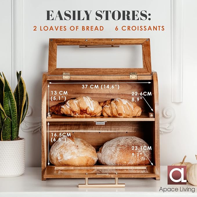 Arise Acacia Wooden Bread Box for Kitchen Countertop, Extra Large 2-Shelf | Bread Storage Container with Clear Windows & Air Vents, Bread Bin & Keeper, Keeps Bagels, Rolls & Buns Fresh, Self Assembly - Image 4