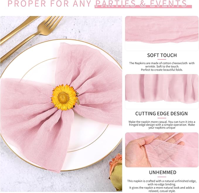 Teruntrue 30 Pack Light Pink Cheese Cloth Napkins Gauze Napkin Cloth Bulk Set of 30 Washable Boho Dinner Table Napkins for Wedding Party Baby Shower Birthday Party Decorations，20 x 20 Inch - Image 3