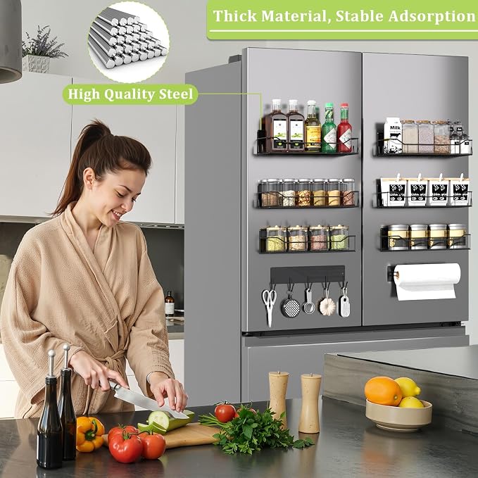 Magnetic Spice Rack for Refrigerator, 9 Pack Magnetic Fridge Shelves W/Adjustable Paper Towel Holder, Hook Rack, Moveable Spice Organizer Shelf for Kitchen Organization and Storage (Black) - Image 6