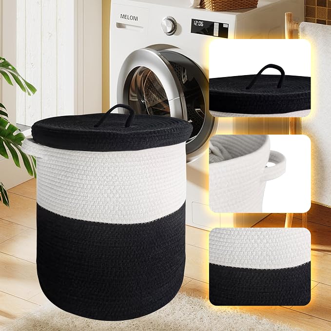 Large Storage Basket with Lid 60L, 16"Wx18"H Woven Laundry Hamper Basket with Handle, Room Decor Cotton Rope Wicker Basket Toy Organizer Bins for Clothes Blankets Pillows, Black/White Mix includes Lid - Image 6