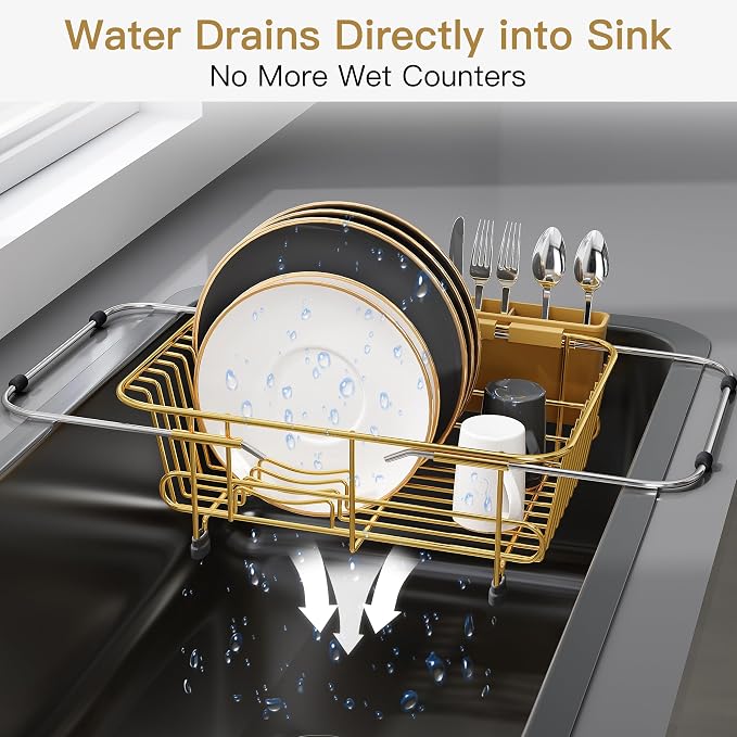 JASIWAY Gold Dish Drying Rack in Sink with Utensil Holder, RV, Apartment | Over Sink Expandable Stainless Steel Dish Drainers for Compact Kitchen, Space Saving, Fast Drain, Rustproof, For 1-2 people - Image 6