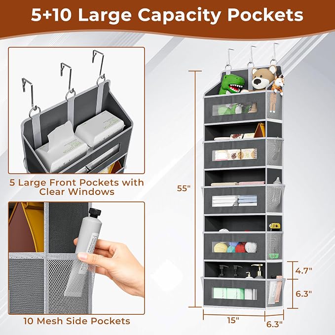 3 Pack 5 Tier Over The Door Organizer - Large Capacity Behind Door Hanging Shelves with 10 Mesh Pockets and Clear Windows, Closet Organizers and Storage for Bathroom, Bedroom, Nursery, Grey - Image 2