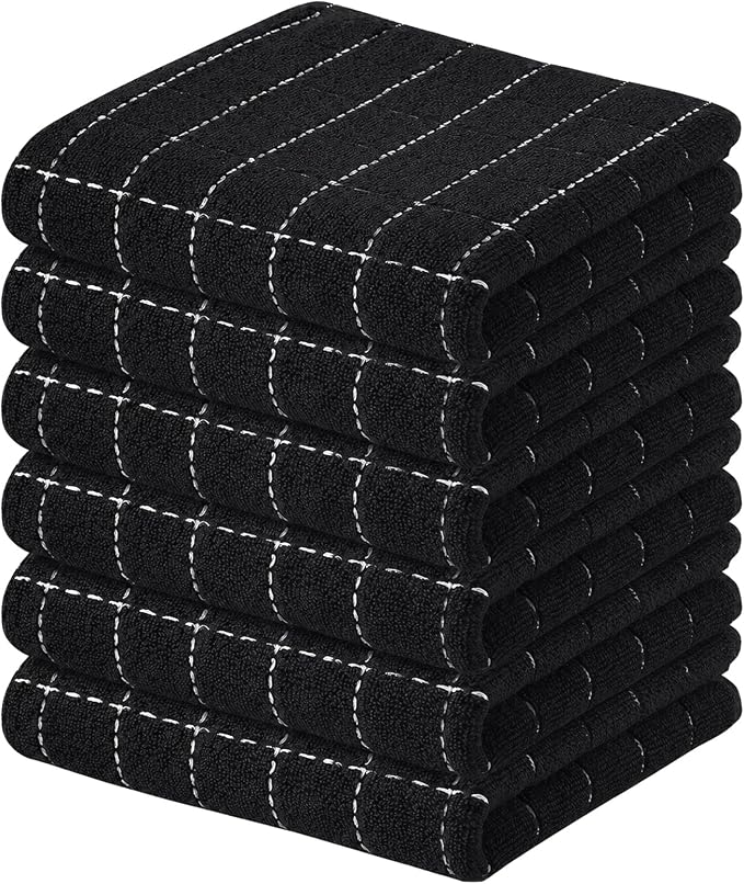 Kitinjoy 100% Cotton Terry Kitchen Towels, 13”x 28”, 6-Pack, Black | Checkered Designed, Ultra Soft Absorbent Quick Drying Dish Towels by Kitinjoy
