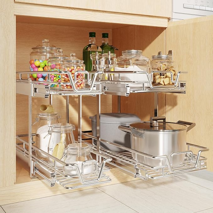 2-Tier Kitchen Cabinet Pull Out Shelf and Drawer Organizer Slide Out Pantry Storaqe Basket in Multiple Sizes (15" W x 21" D) - Image 4
