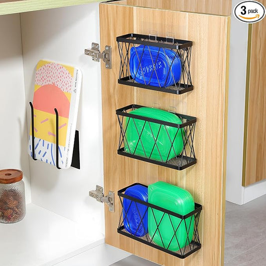 YIGII Cutting Board Holder + 3 Pack Adhesive Cabinet Door Organizer, Black Lid Storage Organizer with, Space Saving Lid Holder for Tupperware Storage Inside Cabinet, Pantry, Kitchen, Bathroom by YIGII