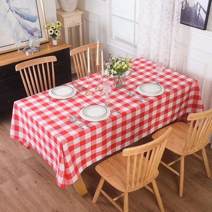 Cupuamon 2 Pack Waterproof Polyester Fabic Rectangle Checkered Tablecloth，60x84 Outdoor Table Cloth，Oil Stain Prevention Table Cloth for Pinics and Parties（Red and White） by Cupuamon