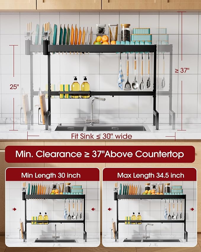Sakugi 2-Tier Dish Drying Rack Over The Sink, Expandable for Counter | Rustproof Stainless Steel Kitchen Storage Accessories, Space-Saving 30"–34.5"Lx12"Wx25"H, Black - Image 3