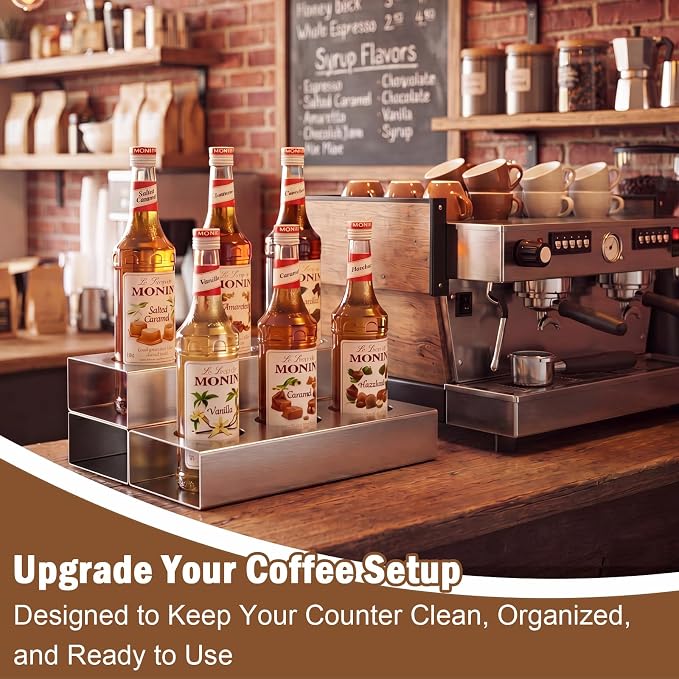 Novabright 2 Tier Coffee Syrup Rack Organizer, Stainless Steel Syrup Bottle Holder for Coffee Bar, 6 Bottle Commercial Rack for Cafe Countertop, Cafe Station Storage Organizer, 10" D x 12" W x 4" H - Image 5