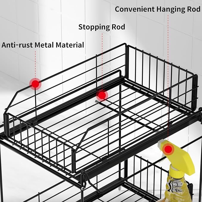 Under Sink Organizers and Storage 2 Pack, 2-Tier Pull Out | Large Black Metal Shelf, Hanging Rail, Kitchen Bathroom Cabinet Organizer, Sliding Storage Drawer for Pantry - Image 5