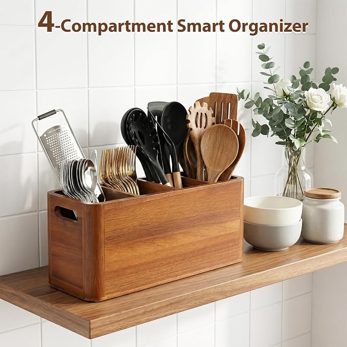 Kitchen Utensil Holder for Counter and Countertop, Acacia Utensil Organizer with 3 Pcs Wooden Spoon Set, Large Drying Holder for Kitchen, 4-Compartment Storage for Cooking Utensils, Kitchen Decor - Image 6