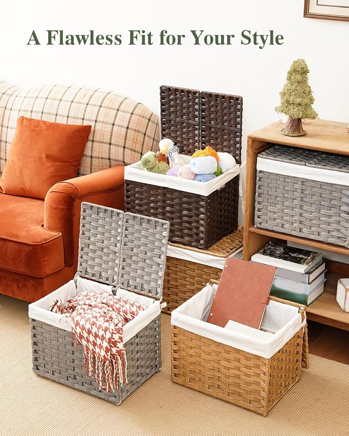 SETVSON Storage Basket with Lid Woven Wicker Baskets, 35L Natural | 9.2 Gallon Storage Bin with 2 Separate Lids, 2 Removable Liner Bags with Divider for Small Clothes, Sturdy Metal Frame - Image 8