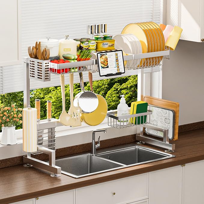 ADBIU Luxurious 304 Stainless Steel Over Sink Dish Drying Rack (Suitable for Sink Length 24.6"- 36.2") Snap-On Design 2 Tier Large Kitchen Dish Rack Stainless Steel Counter Organization and Storage by ADBIU