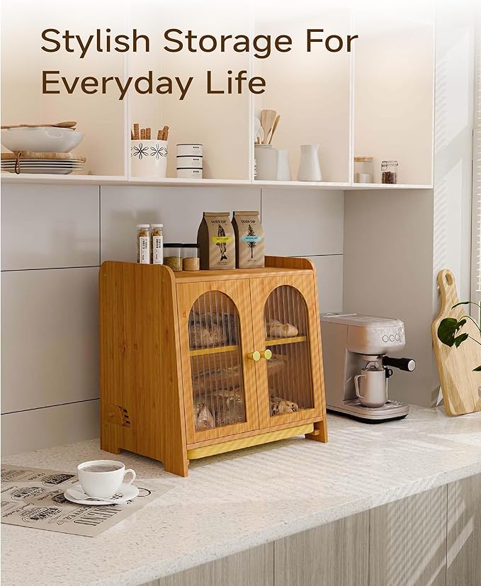 Bread Box for Kitchen Countertop, Large Double Layer Wooden Bread Storage Container with Acrylic Window, Adjustable Air Vents & Built-In Cutting Board, Pantry Organizer - Image 2
