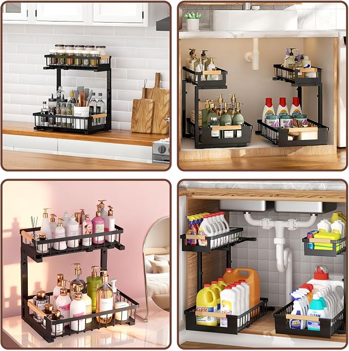 Under Sink Organizers and Storage, 2 Pack L-Shaped Pull Out Cabinet Organizer, 2 Tier Sliding Storage Rack with Adjustable Height, Metal Under Sink Shelf for Kitchen, Bathroom, Pantry, Black - Image 2