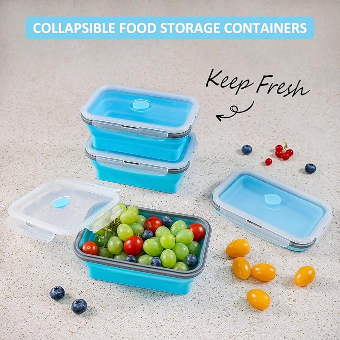 Collapsible Food Storage Containers with Airtight Lid & Vent Valve, 27 oz, Annaklin Kitchen Stacking Silicone Collapsible Meal Prep Container Set for Leftover, Microwave Freezer Safe, Blue, Set of 4 - Image 2