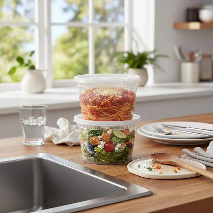 BluShine Deli Containers with Lids, Plastic Food Storage Containers | 16 oz, 32 sets Plastic Deli Food Storage Containers with Airtight Leak Proof Lids, Reusable, Microwave and Freezer Safe - Image 2
