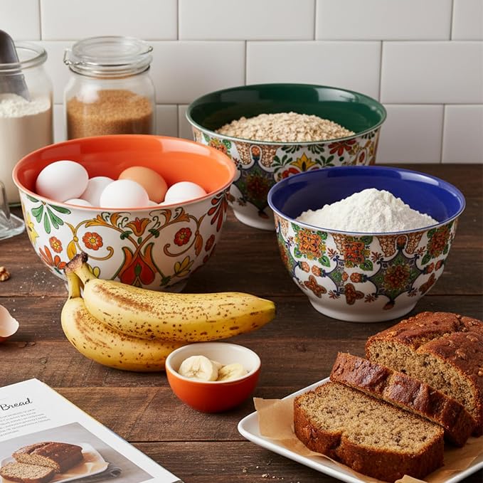 TP Melamine Mixing Bowl Set with Lids, Salad Bowl Set of 3, Aztec Bloom | Nesting Design,Break-resistant,Pasta & Salad Prep, Baking Prep, Space-saving Storage, Freezer Safe, Dishwasher Safe - Image 6