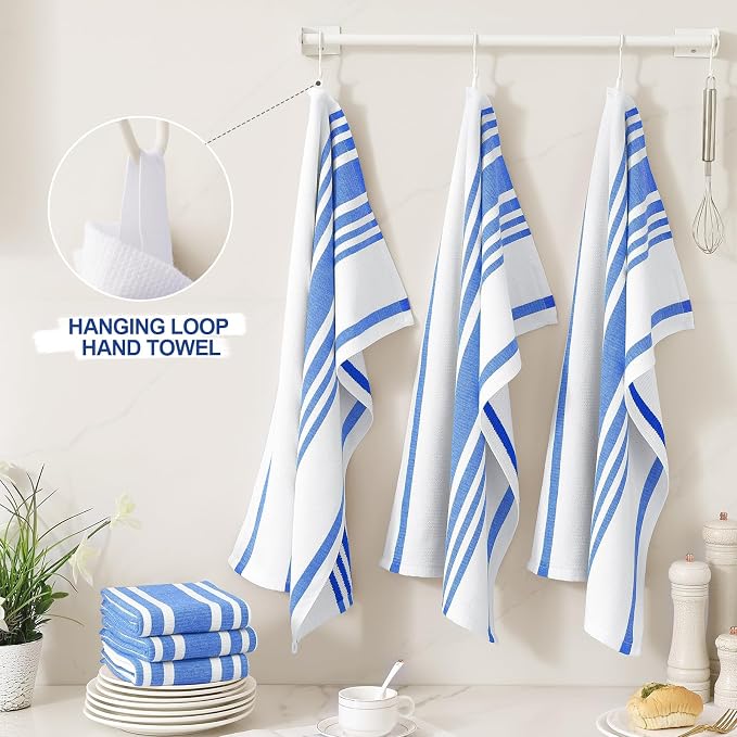 Homaxy Premium Cotton Stripe Kitchen Towels 3 Pack, 18"x 28", Blueberry | Large 380 GSM Kitchen Hand Towels, Soft Terry Dish Towels, Highly Absorbent Tea Towel Set with Hanging Loop - Image 3