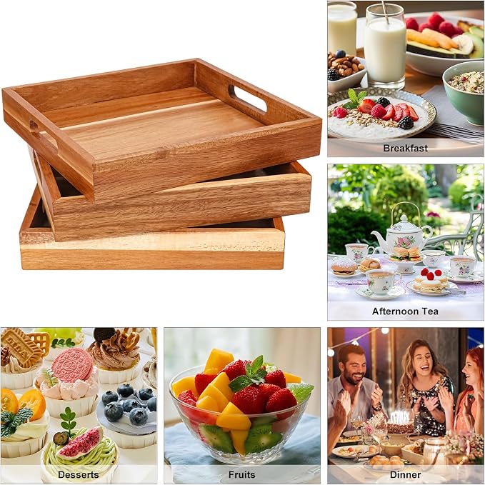 4 PCS Acacia Wood Serving Tray with Handles - 10 Inch Square Wooden Tray with Handles, Ideal as Breakfast, Coffee Table, Decorative, Serving(1.75 Inch Thickness) - Image 4