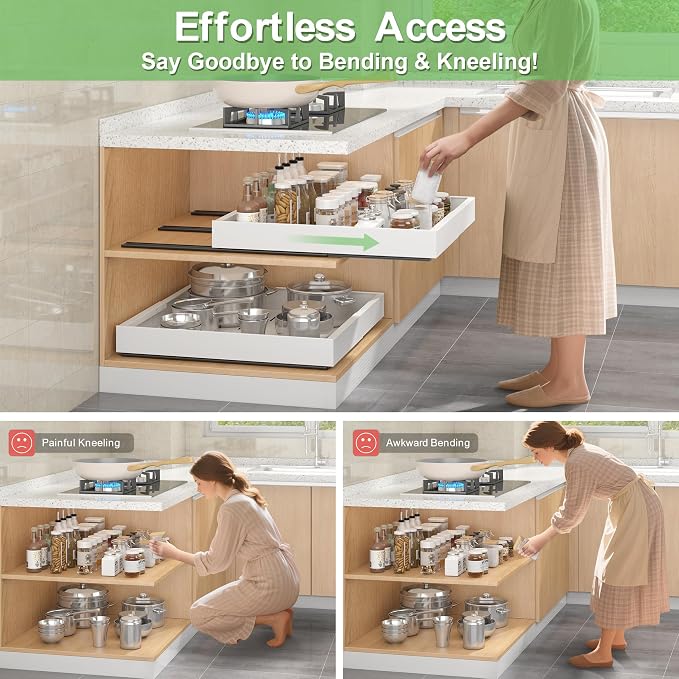 Expandable Pull-Out Cabinet Organizer - White, 21" D x Adjustable Width 12.6-20.47", No Drill Adhesive Installation with 3-Slide Rails for Kitchen Storage (2 Pack) - Image 4