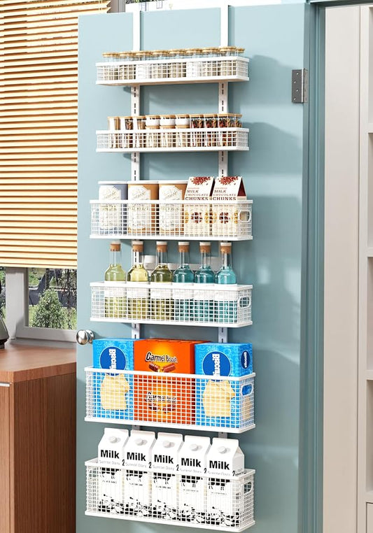 6-Tier Over The Door Pantry Organizer,Hanging Spice Rack,Grid Basket,White | Height Adjustable,Easy Grip Handle,Large Capacity,For Pantry Door,Laundry Room,Bathroom,Kitchen,D5.3xW15.7xH60.9in by Bunoxea