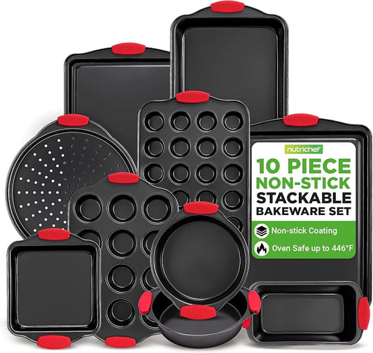 NutriChef 10-Piece Nonstick Kitchen Oven Baking Pans - Premium & Stylish Non-Stick Carbon Steel - Commercial Grade Restaurant Quality Metal Bakeware with Silicone Handles - Easy to Clean, NCSBS10S by NutriChef%E2%84%A2Kitchen