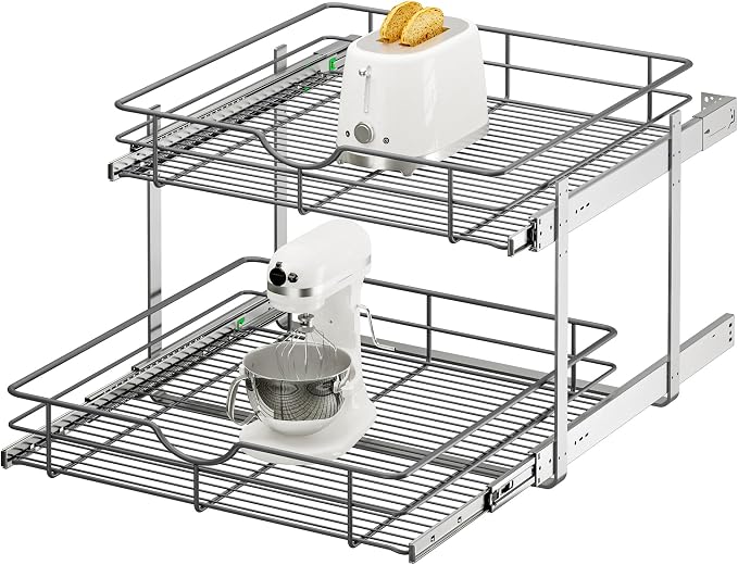 2 Tier Pull Out Cabinet Organizer - 23" W x 22" D Soft Close Slide Out Shelves with Shelf Liners - Pullout Drawers for Kitchen Cabinets, Pantry, Bathroom, Heavy Duty Steel Wire Baskets by Unknown