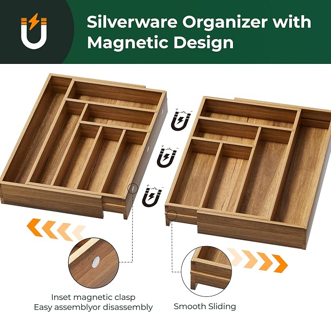 Large Silverware Organizer, 13 Slots Magnetic Connected Expandable Acacia Wood Utensil Drawer Organizer From 21 to 37.4 Inches, Adjustable Flatware and Cutlery Holder, Utensil Tray for Kitchen Natural - Image 2