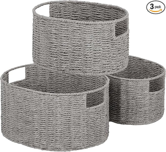 Wicker Storage Basket, Set of 3 Hand-woven Storage Baskets for Organizing, Round Large Wicker Baskets for Storage Decor, Pantry Storage Cubes Organization Baskets for Shelves, Grey by Vagusicc