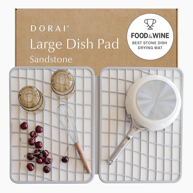 Dorai Home Dish Pad - Collapsable Stone Dish Drying Mat with Diatomaceous Earth for Quick Drying - Ultra Absorbent - Encased in Silicone - Eco-Friendly, Foldable - Large 24.6" x 16.5", Sandstone by DoraiHome