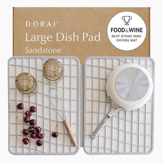 Dorai Home Dish Pad - Collapsable Stone Dish Drying Mat with Diatomaceous Earth for Quick Drying - Ultra Absorbent - Encased in Silicone - Eco-Friendly, Foldable - Large 24.6" x 16.5", Sandstone by DoraiHome