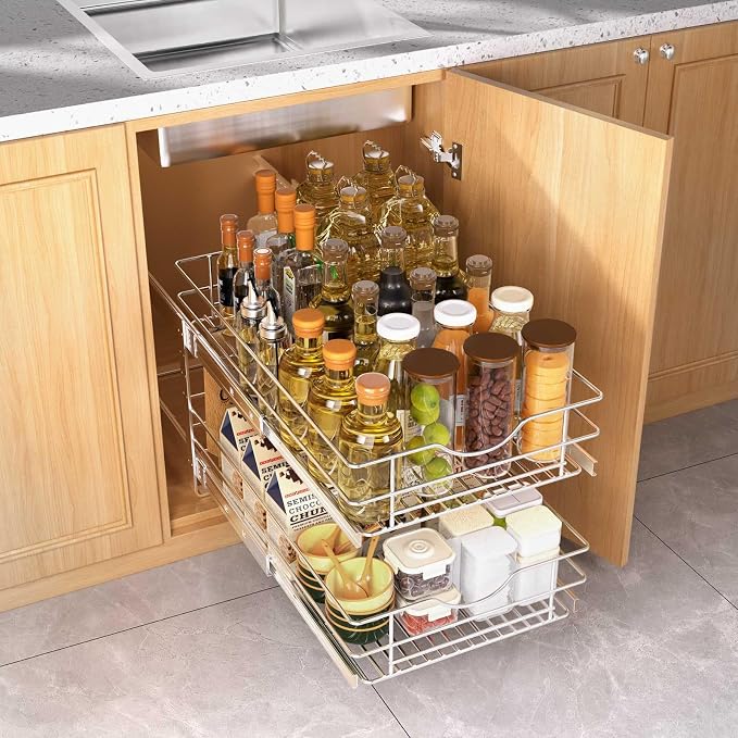 2 Tier Pull Out Cabinet Organizer,(20½"W x 22" D) Soft Close Slide Out Drawer For Kitchen Base Cabinet, Individual Pull Out Shelf, Roll Out Pantry Organization, 22 Inch Deep - Image 2
