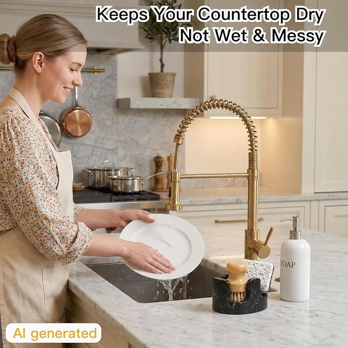 Black Marble Sponge Holder for Kitchen Sink, Dual Slot Stone Caddy, Nero Marquina | 2-in-1 Natural Marble Sponge & Brush Holder, Raised Edge Helps Catch Water, Keeps Countertop Dry, Luxury Kitchen Decor - Image 7