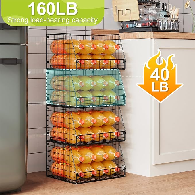 Jakyitvi 4 Pack XXL Stackable Wire Storage Basket, Extra Large Capacity Pantry Organizer and Storage, Muti-Purpose for Vegetable Fruit Basket & Can Organizer & Snack Rack & Metal Pantry Bin - Image 3