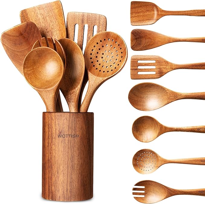 Wooden Spoons for Cooking - 8-Piece Wooden Kitchen Utensil Set made of Natural Solid Wood Material-Includes Spoons,Spatulas,Ladles,Mixing Spoon and Utensil Holder,Valentine's Day Gifts by WOTTISH