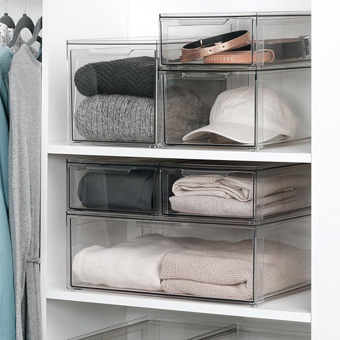mDesign Plastic Stackable Closet Storage Organizer Bin Containers with Front Pull Drawer for Cabinet, Desk, Shelf, Cupboard, or Dresser Organization - Lumiere Collection - Set of 3 - Clear - Image 3