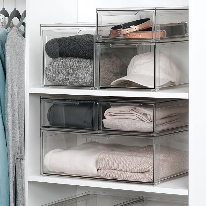 mDesign Plastic Stackable Closet Storage Organizer Bins with Pull Out Drawer for Cabinet, Desk, Shelf, Cupboard, or Dresser Organization - Lumiere Collection - 4 Pack - Clear - Image 3