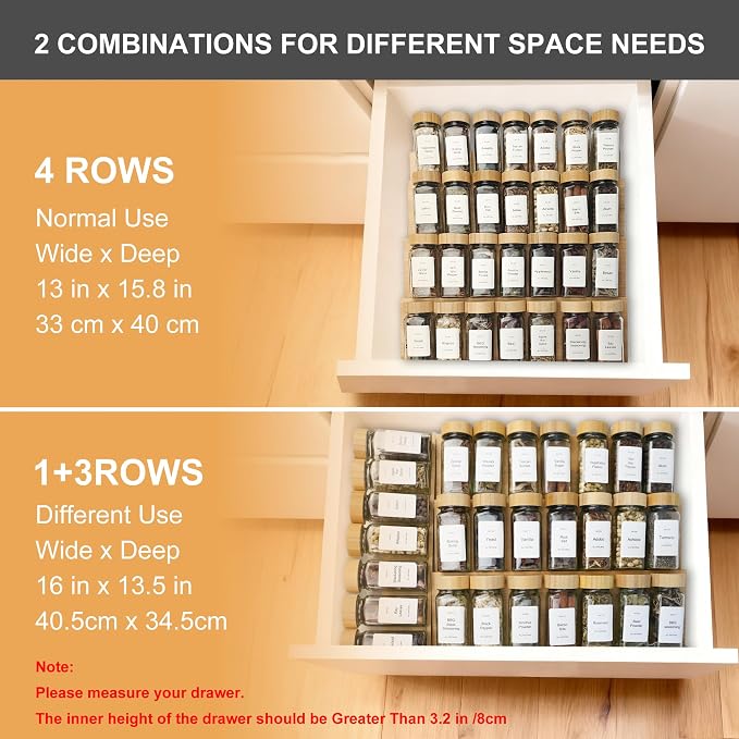 Spice Drawer Organizer with 28 Bamboo-lidded Spice Jars and 216 Labels,Non-slip Rubber, Bamboo 4 Tier Spice Racks Tray Seasoning Containers for Kitchen Drawers,Cabinets,13" Wide * 15.8" Deep - Image 5