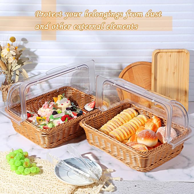 2 Set Wicker Bread Baskets for Serving with Clear Acrylic Roll Top Lid Woven Rattan Bread Basket Large for Fruit Food Picnic Summer Pool Party Outdoor BBQ(13.78 x 10.63 Inch,1 Compartment) - Image 5