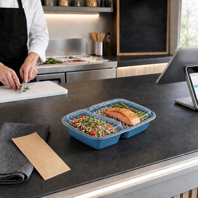 Restaurantware-Asporto 26 Ounce Compartment Take Out Boxes, 100 Microwavable Meal Prep Containers - 2 Compartments, With Clear Plastic Lids, Midnight Blue Plastic Food Containers, Do Not Contain BPA - Image 4
