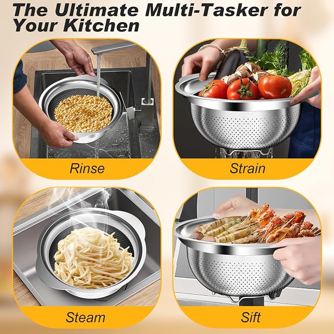 Colander, Stainless Steel Colander for Kitchen, 3Pcs Kitchen Gadget Food Strainer Basket with Handle, Kitchen Strainer Colanders Bowl for Pasta Noodles Spaghetti Vegetables Fruit (2QT, 3QT, 5QT) - Image 4